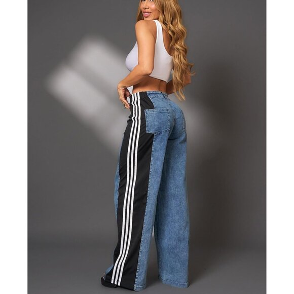 Womens Wide Leg Stretch Jeans High Waisted Color Block Casual Pants - Picture 6 of 8